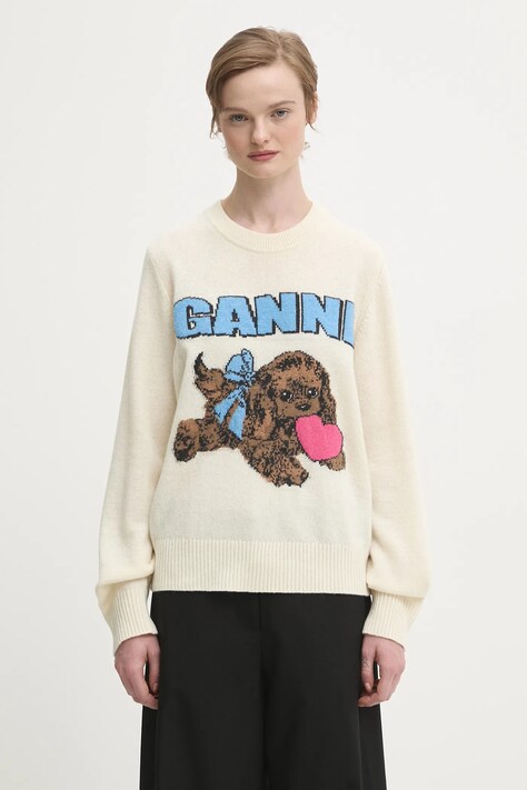 GANNI sweter z dodatkiem wełny Graphic Wool Mix Fluffy Puppy Love damski kolor beżowy K2562