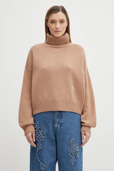 Sporty & Rich sweter wełniany SRC Wool damski kolor brązowy z golfem WS06465302BE02