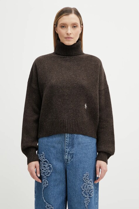 Sporty & Rich sweter wełniany SRC Wool damski kolor brązowy z golfem WS06465302BR03