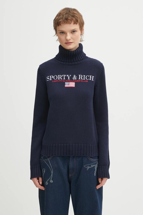 Bavlněný svetr Sporty & Rich S&R Nautical Knitted dámský, tmavomodrá barva, s golfem, WS07263178BL106