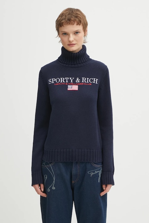 Bavlněný svetr Sporty & Rich S&R Nautical Knitted dámský, tmavomodrá barva, s golfem, WS07263178BL106