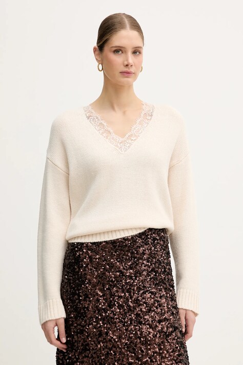 IBlues sweter z domieszką wełny RICAMO damski kolor beżowy 2527366025200