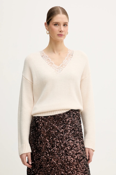 IBlues sweter z domieszką wełny RICAMO damski kolor beżowy 2527366025200