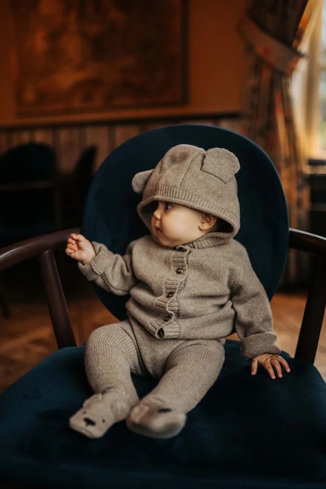 Donsje cardigan de lână pentru bebeluși Brittan Merino Wool Cardigan Bear culoarea maro, light, 3039601
