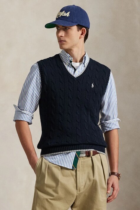 Bavlnená vesta Polo Ralph Lauren tmavomodrá farba, ľahká, 710970288