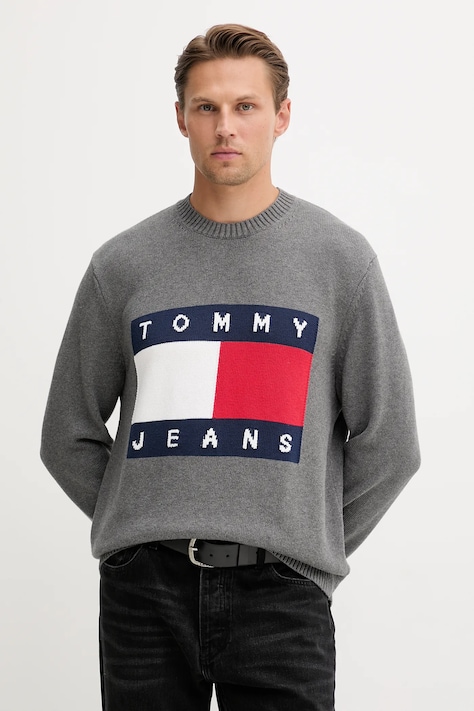 Βαμβακερό πουλόβερ Tommy Jeans ανδρικό, χρώμα: γκρι, DM0DM22105