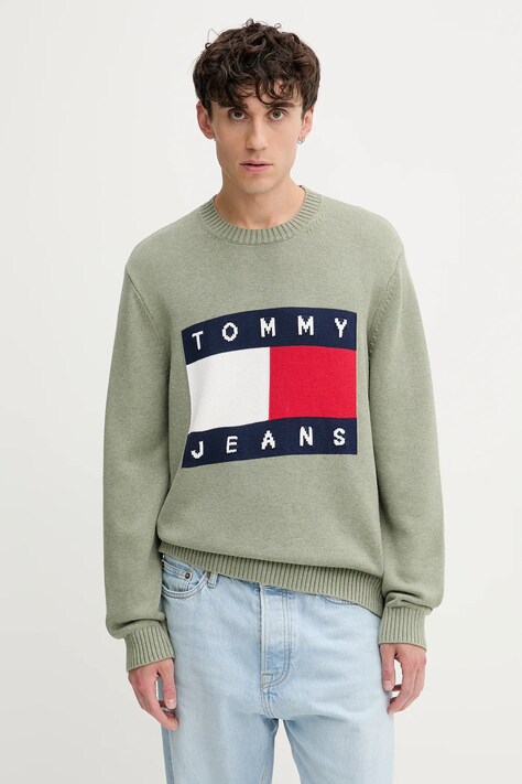 Bavlněný svetr Tommy Jeans pánský, zelená barva, DM0DM22105