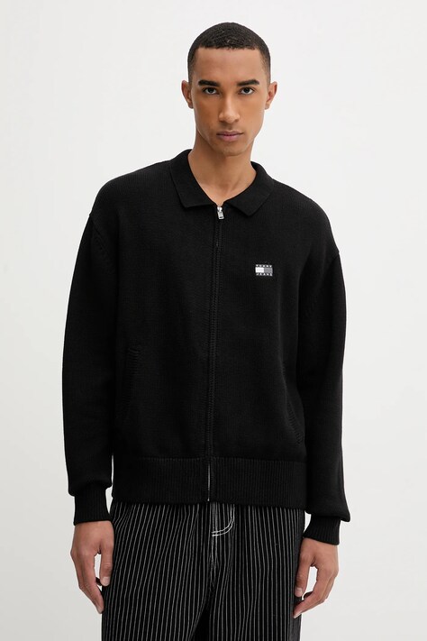 Bavlněný kardigan Tommy Jeans pánský, černá barva, DM0DM22106