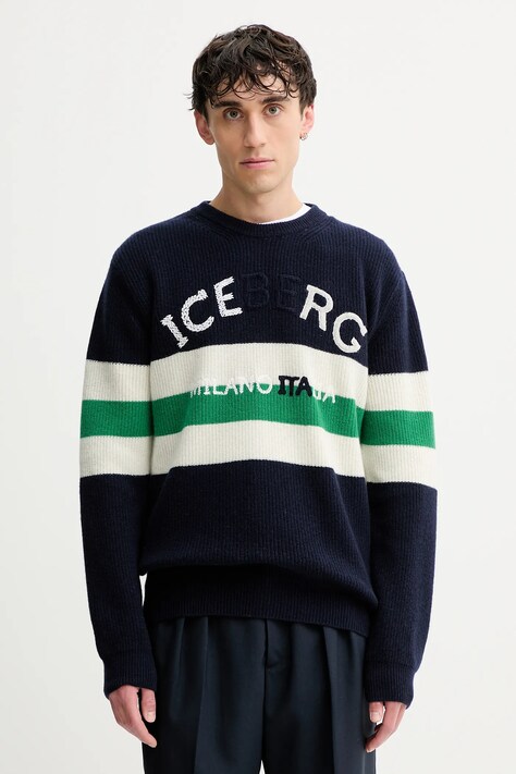 Vlněný svetr Iceberg pánský, tmavomodrá barva, A005 7077