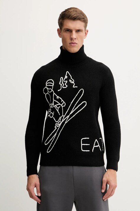Svetr s příměsí vlny EA7 Emporio Armani černá barva, s golfem, AF19328.7M000502