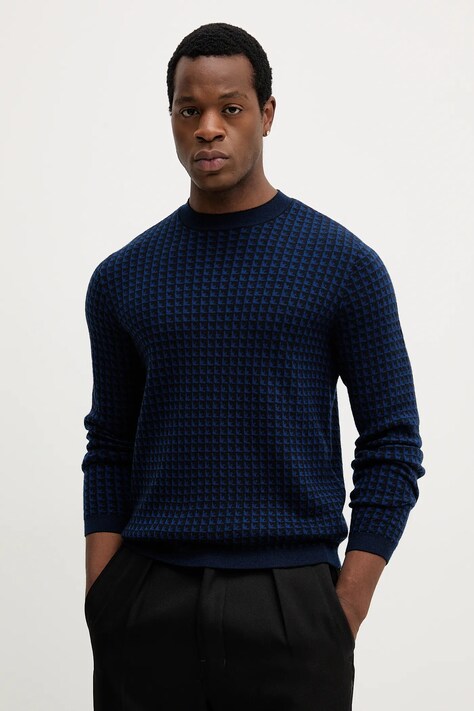 Emporio Armani sweter wełniany męski kolor granatowy lekki EM001989 AF14199