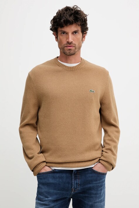 Lacoste sweter wełniany męski kolor brązowy lekki AH2916