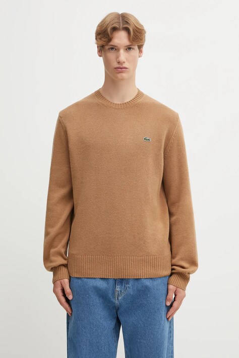 Lacoste sweter wełniany męski kolor brązowy lekki AH2916