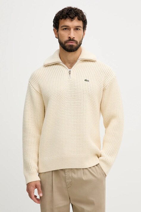 Lacoste sweter z dodatkiem wełny męski kolor beżowy ciepły z golferm AH5205