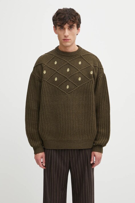 Drôle de Monsieur sweter wełniany La Maille Monogramme męski kolor zielony ciepły I.PO180.WO018