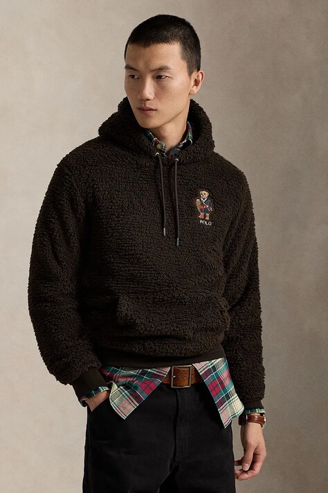 Φλις μπουφάν Polo Ralph Lauren χρώμα: καφέ, με κουκούλα, 710981798