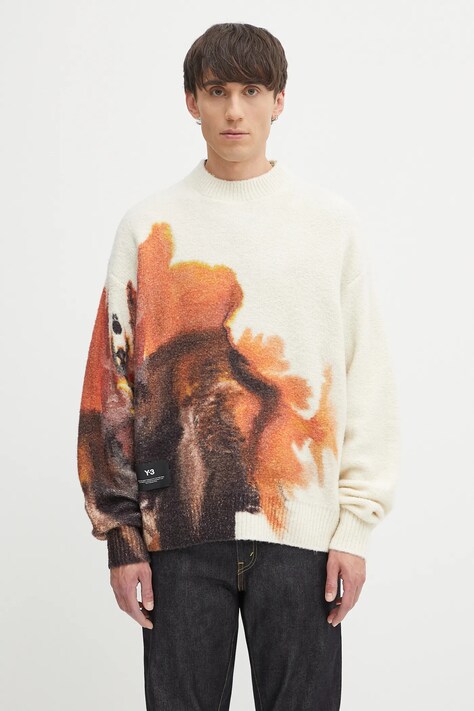 Y-3 sweter z wełną Graphic męski kolor beżowy ciepły JX7332