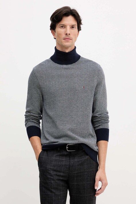 Tommy Hilfiger gyapjúkeverék pulóver könnyű, sötétkék, garbónyakú, MW0MW40446