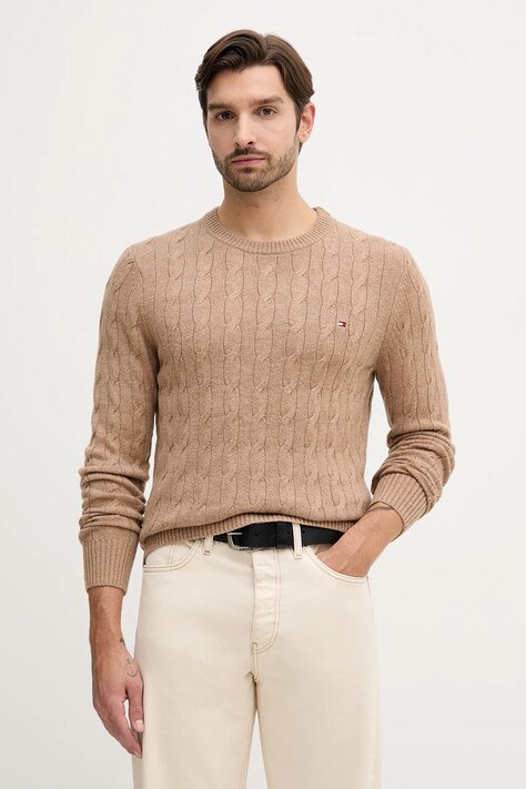 Tommy Hilfiger sweter wełniany męski kolor brązowy lekki MW0MW40442