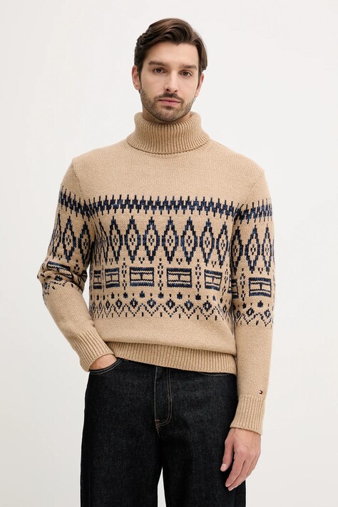 Tommy Hilfiger sweter z dodatkiem wełny męski kolor brązowy ciepły z golferm MW0MW40843