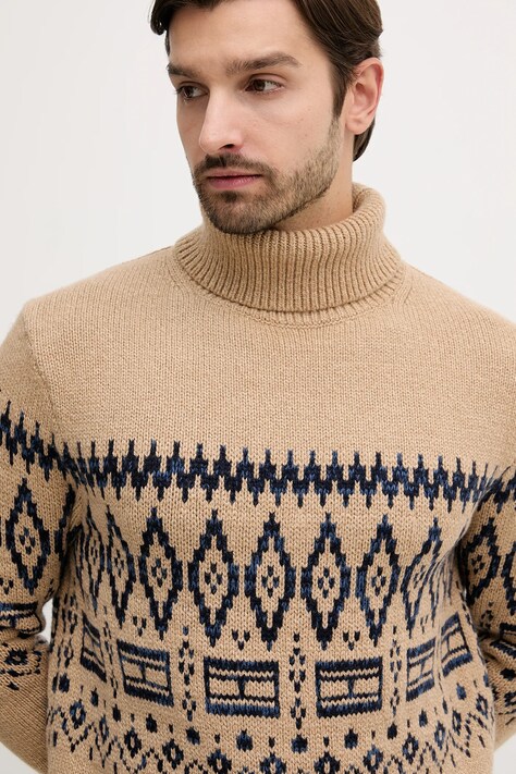 Tommy Hilfiger sweter z dodatkiem wełny męski kolor brązowy ciepły z golferm MW0MW40843