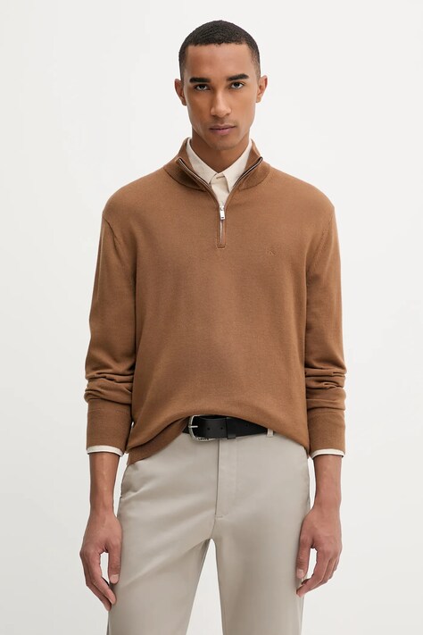 Calvin Klein sweter wełniany męski kolor brązowy lekki z półgolfem LV04LD318G