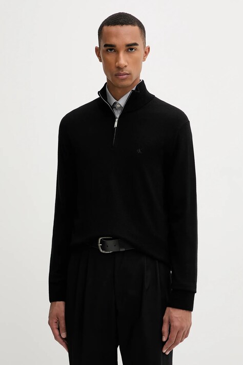 Vlněný svetr Calvin Klein pánský, černá barva, s pologolfem, LV04LD318G