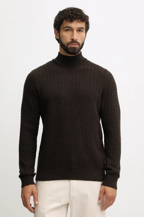 Barbour sweter wełniany męski kolor brązowy z półgolfem MKN1669
