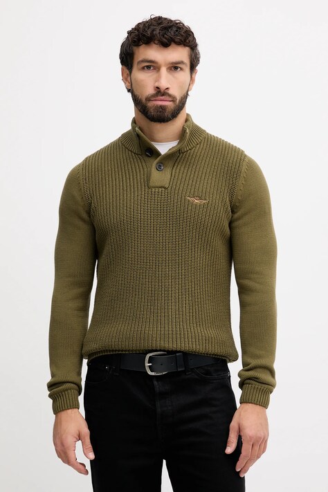 Aeronautica Militare sweter bawełniany męski kolor zielony lekki z półgolfem MA1572UL00409