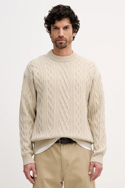 BOSS Orange sweter wełniany męski kolor beżowy 50548689