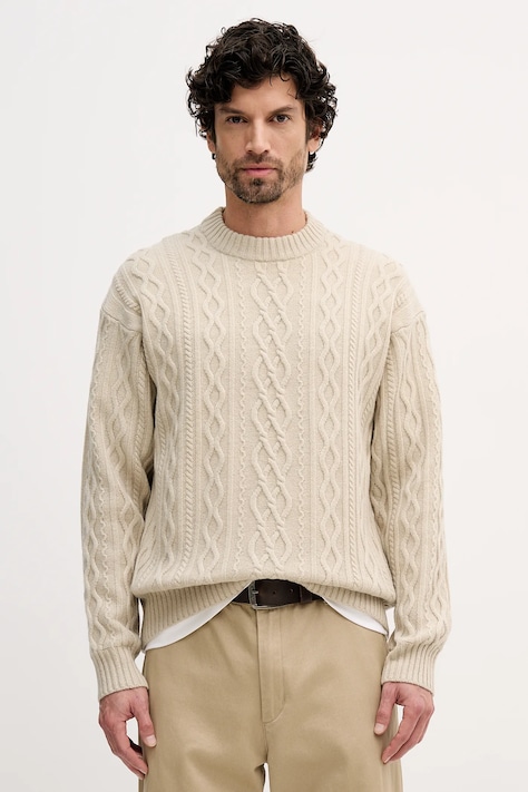 BOSS Orange sweter wełniany męski kolor beżowy 50548689