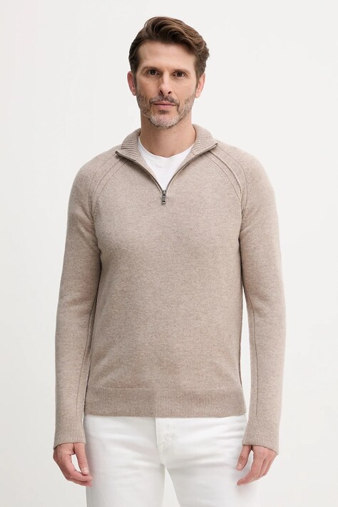 United Colors of Benetton sweter wełniany męski kolor beżowy z półgolfem 1006U202B