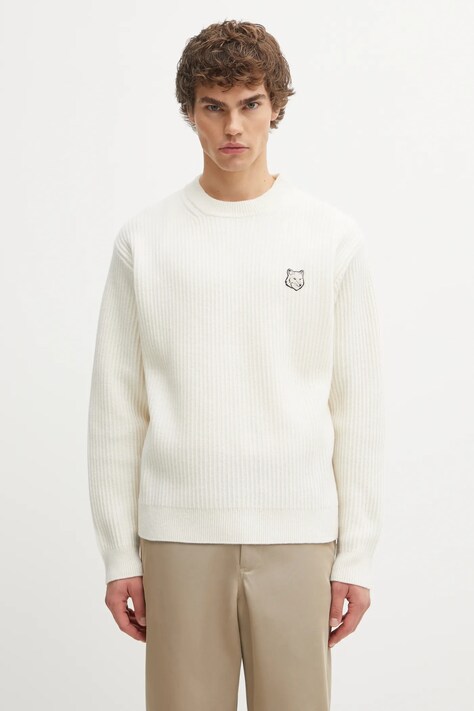 Maison Kitsuné sweter wełniany Fox Head Wool Ribbed męski kolor beżowy ciepły PM00811KT1149