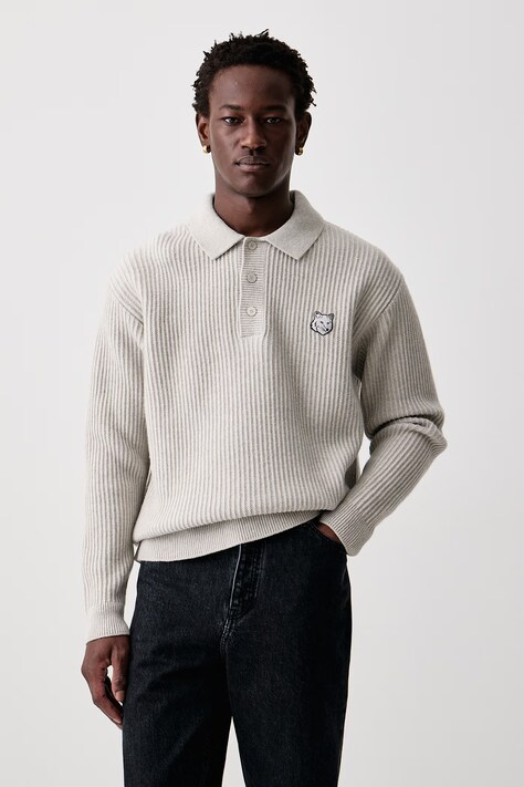Maison Kitsuné Fox Head Wool Ribbed Polo sweter wełniany męski szary PM00213KT1149