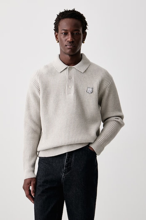Maison Kitsuné Fox Head Wool Ribbed Polo sweter wełniany męski szary PM00213KT1149