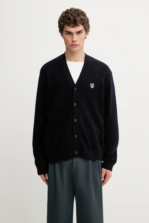 Maison Kitsuné cardigan din lână Fox Head Lambwsool Comfort culoarea bleumarin, PM00502KT1006