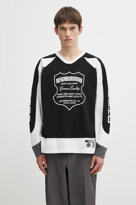 NEIGHBORHOOD longsleeve bawełniany HOCKEY kolor czarny wzorzysty 252FPNH.CSM14