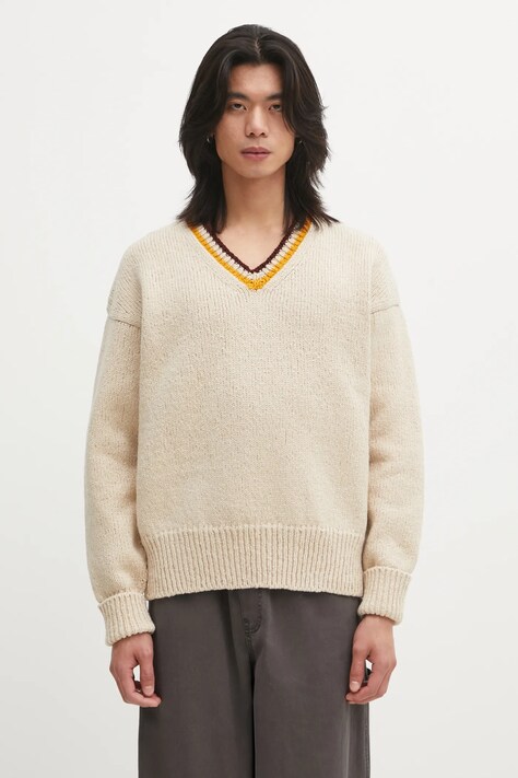 Visvim sweter wełniany COLLEGE V-NECK męskie kolor beżowy 125205012006