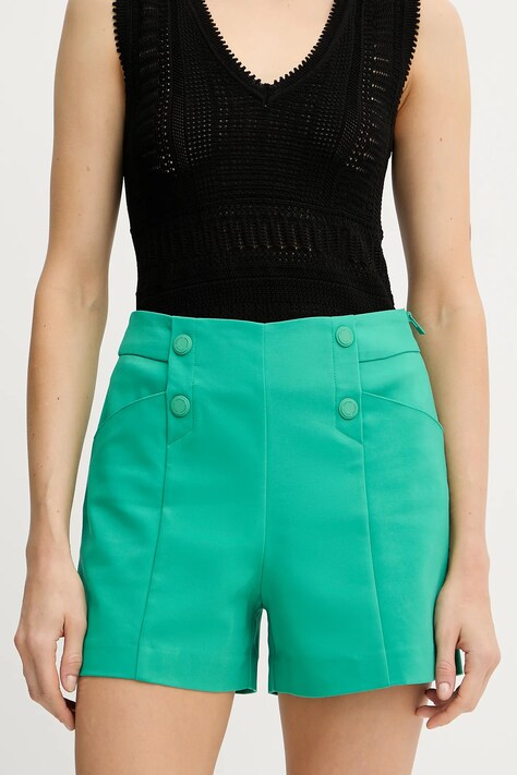 Morgan pantaloni scurți culoarea verde, uni, high waist, SHEON
