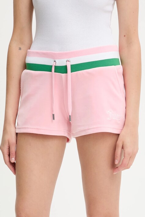 Juicy Couture szorty VELOUR STRIPE BOOTY SHORT damskie kolor różowy wzorzyste high waist JCWHS225354
