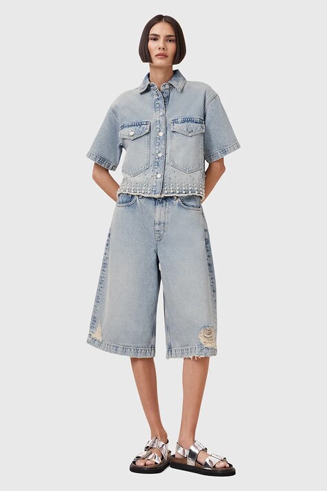 Rifľové krátke nohavice AllSaints LOUIE jednofarebné, vysoký pás, W077EC