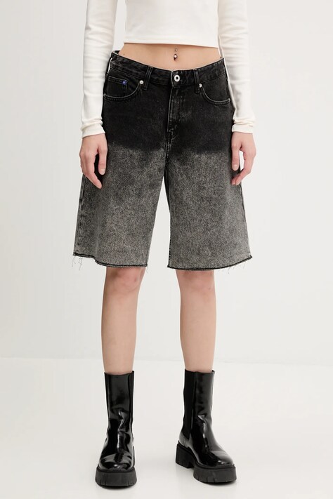 Rifľové krátke nohavice Karl Lagerfeld Jeans šedá farba, vzorované, vysoký pás, A3W10131