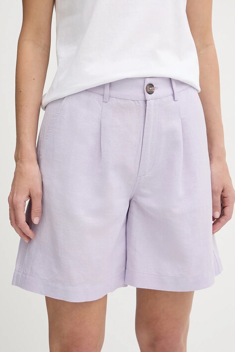 Pepe Jeans pantaloni scurți din in culoarea violet, uni, high waist, PL801198