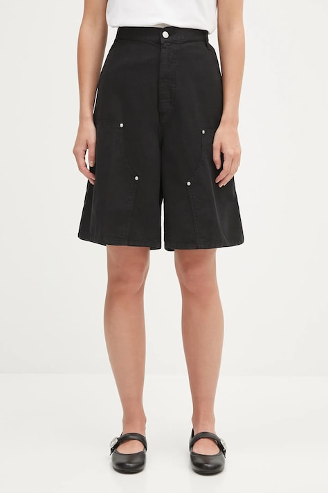 Къс панталон с лен Carhartt WIP W' Branford Double Knee в черно с изчистен дизайн с висока талия I035574.89GD