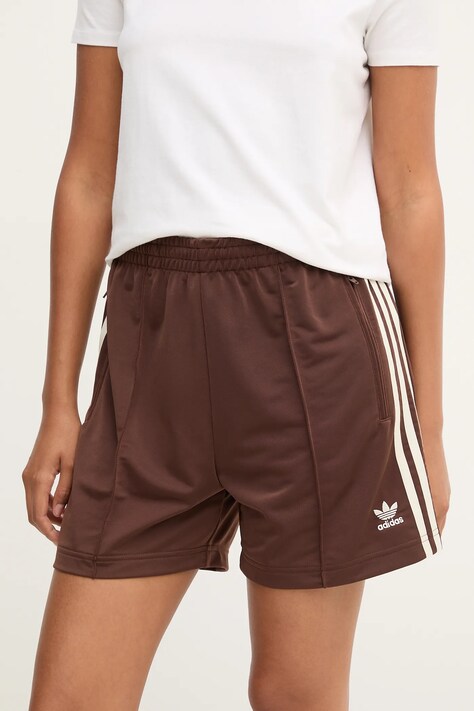 adidas Originals pantaloni scurți Firebird culoarea maro, cu imprimeu, high waist, KD2545