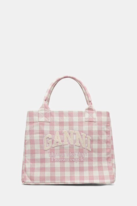 GANNI torebka bawełniana Shopper XXL Pocket Vichy kolor różowy A6894