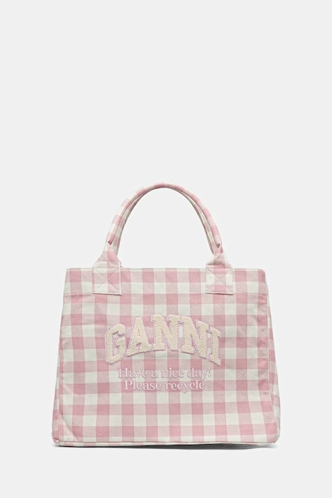 GANNI torebka bawełniana Shopper XXL Pocket Vichy kolor różowy A6894