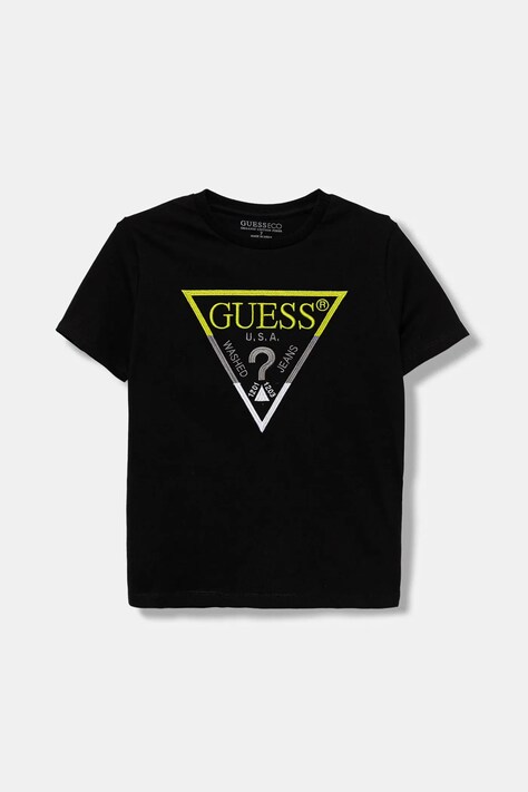 Guess t-shirt bawełniany dziecięcy kolor czarny z aplikacją L5YI07 K8HM4
