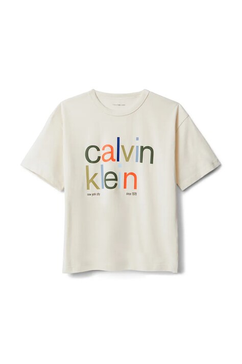 Calvin Klein Jeans t-shirt bawełniany dziecięcy kolor beżowy z nadrukiem IB0IB02578