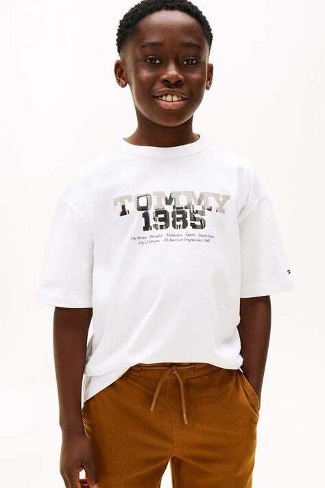 Tommy Hilfiger t-shirt bawełniany dziecięcy kolor biały z nadrukiem KB0KB10087